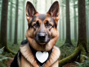 Calm German Shepherd Wearing Heart-Patterned Bandana in Misty Forest Setting