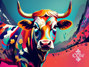 Vibrant Abstract Cow Head Illustration with Mountainous Background