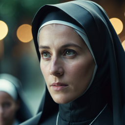 Contemplative Nun in Soft Focus with Blurred Lights Background