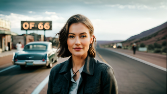 Timeless Journey: A Woman by a Vintage Car at Motel 66 on Historic Route 66