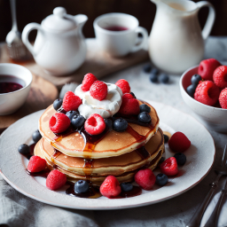 Delicious Stack of Pancakes with Whipped Cream and Fresh Berries in a Cozy Breakfast Setting