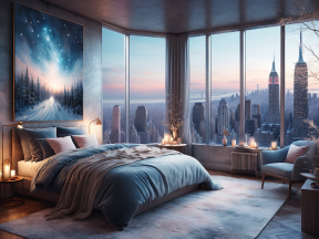 Luxurious Modern Bedroom with Stunning New York City Skyline Views at Sunrise