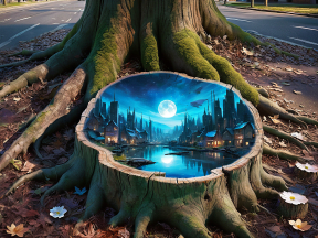 Moonlit Haven Within the Heart of the Tree: A Dreamlike Fusion of Nature and Cityscape