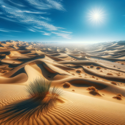 Solitary Shrub Amidst Expansive Desert Dunes Under a Bright Blue Sky