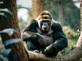 Relaxed Gorilla Poses Calmly on Fallen Tree in Lush Jungle Setting