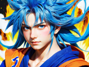 Fiery Determination: Anime Warrior with Spiky Blue Hair in Battle Armor
