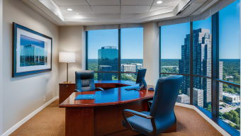 Modern High-Rise Office Boardroom with City Views and Natural Lighting