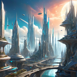 Futuristic Fantasy: A Sci-Fi Cityscape of Advanced Civilizations Under a Lunar Sky