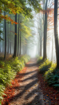 Serene Autumn Morning: Sunlit Forest Path Through Misty Woods