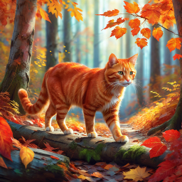Autumn Stroll: An Orange Tabby Cat Wanders Through a Magical Fall Forest