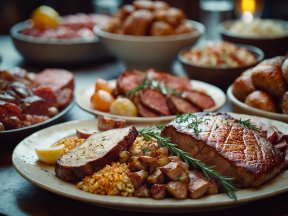 Exquisite Gourmet Meal Featuring Diverse Meats and Sides with Elegant Presentation