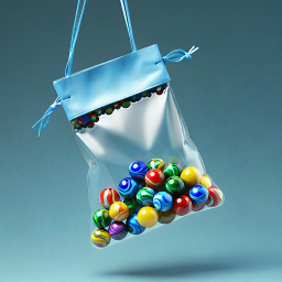 Vibrant Colorful Marbles in a Drawstring Bag Against Grey Background