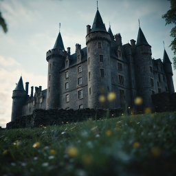 Medieval Stone Castle Surrounded by Lush Vegetation Under Overcast Skies