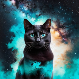 Cosmic Cat: A Surreal Portrait of a Black-Furred Feline Amidst the Stars