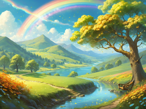 Serene Autumn Landscape with Meandering River and Enchanting Rainbows