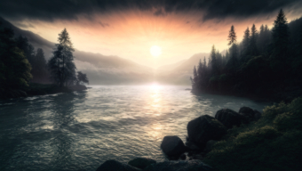 Tranquil Alpine Sunrise Over Reflective Mountain Lake