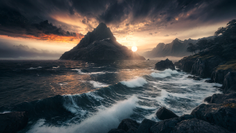 Stormlit Majesty: The Rugged Cliff Amid Turbulent Seas
