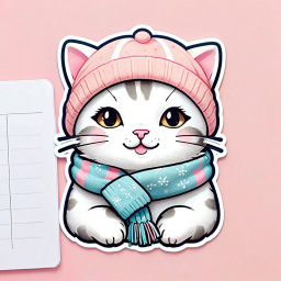 Cozy Cartoon Cat in Pink Hat and Blue Scarf Waving Cheerfully