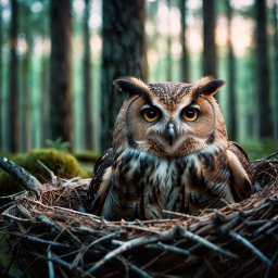 Majestic Owl Perched in Mossy Nest Amidst Twilight Forest