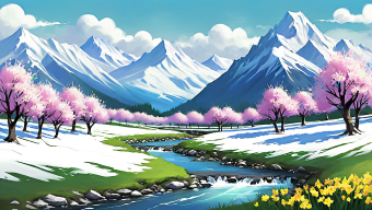 Serene Springtime Valley with Cherry Blossoms and Snow-Capped Mountains
