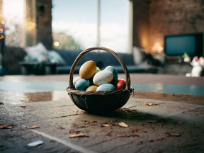 Cozy Easter Celebration: A Rustic Basket of Colorful Eggs in a Warm Home Setting