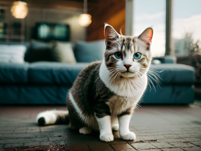 Curious Striped Cat Relaxing Indoors in a Sunlit Living Room