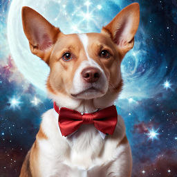 Cosmic Canine: A Whimsical Portrait of a Dog in a Red Bow Tie Among the Stars