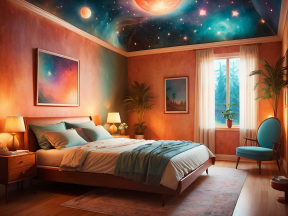 Cozy Contemporary Bedroom with Celestial Decor and Warm Ambient Lighting