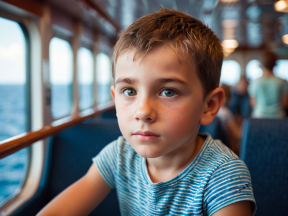 Young Boy Gazing Out the Window on a Ferry Ride