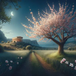 Serene Blossoms and Timeless Temples: A Tranquil Digital Landscape at Dawn