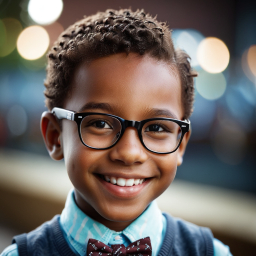 Smiling Individual in Glasses and Suspenders Amid Festive Urban Nightscape