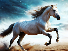 Dynamic Motion: A Horse Racing Across Sandy Terrain Under Dramatic Skies