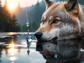 Majestic Wolf in Rain at Sunrise Over Reflective Forest Waters