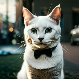 Elegant Cat in a Bow Tie Poses Outdoors at Dusk