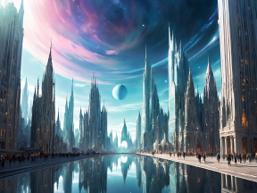 Futuristic Extraterrestrial Cityscape: A Nighttime Vision of Advanced Architecture and Cosmic Beauty