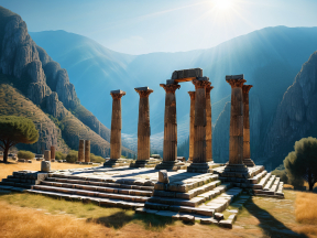 Ancient Greek Ruins: Doric Columns and Amphitheater Amidst Mountainous Landscape
