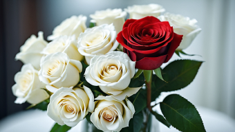 A Single Red Rose Among White Roses: A Striking Floral Bouquet