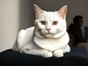 Calm White Long-Haired Cat Perched on Couch Edge with Seated Person in Background