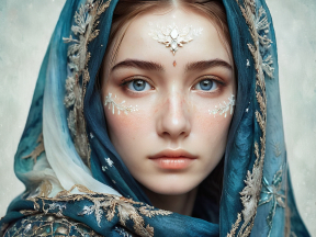 Dreamlike Portrait: Surreal Multi-Layered Artwork of a Woman with Feathered Face Art and Striking Blue Eyes