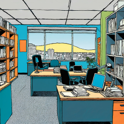 Bright and Inviting Office Study with City View and Bookshelves