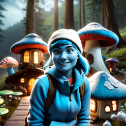 Enchanted Forest Adventure: Blue-Haired Girl Among Glowing Mushrooms