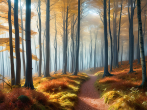 Tranquil Autumn Forest Path Bathed in Morning Mist