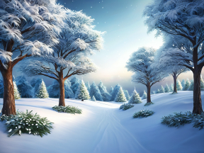 Serene Winter Morning: A Snow-Covered Path Through Frosted Trees