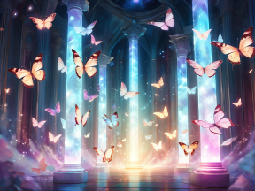 Ethereal Glow: Mystical Butterflies in an Enchanted Temple