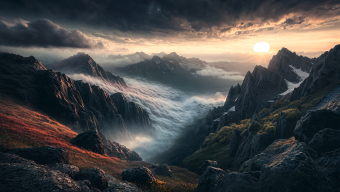 Majestic Mountain Landscape at Sunrise: A Stunning Fantasy Adventure Scene