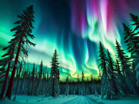 Enchanting Aurora Borealis Over Snow-Covered Pines: A Serene Nightscape