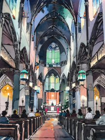 Serene Gothic Church Interior with Stained Glass and Sunlit Ribbed Vaults