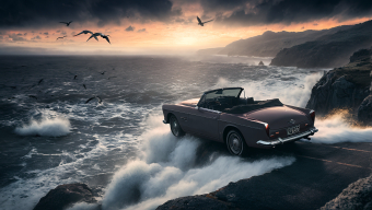 Sunset Drive: Classic Austin-Healey Sprite Along a Stormy Coastal Road