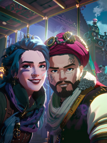Adventurous Duo: Elemental Warrior and Explorer Pose for a Selfie in a Vibrant Oriental Harbor