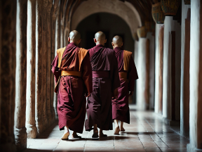 Three Theravada Buddhist Monks Walking Through an Ancient Temple Corridor
